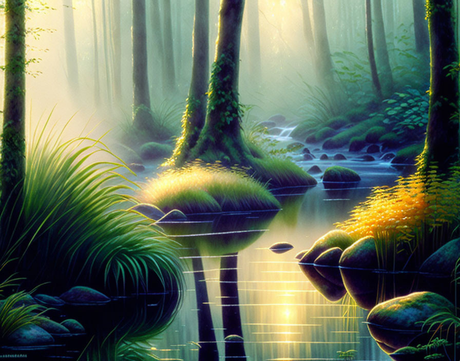 Tranquil forest landscape with sunlight, stream, greenery, and moss-covered stones.