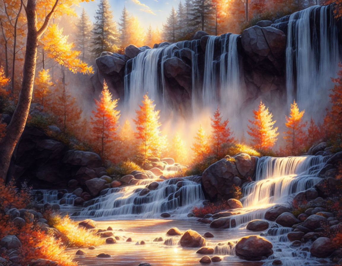 Tranquil autumn landscape with majestic waterfall and golden-orange trees