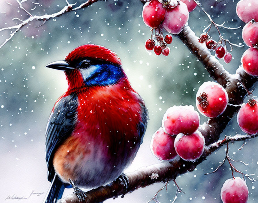 Colorful Bird on Snowy Branch with Red Berries and Falling Snowflakes