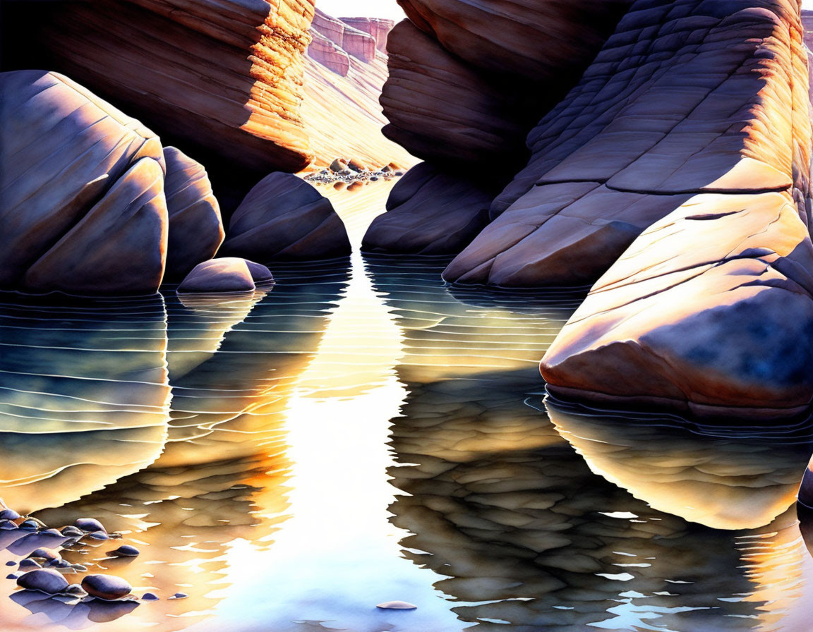 Tranquil canyon waterway with sunlight reflections and rocky shores