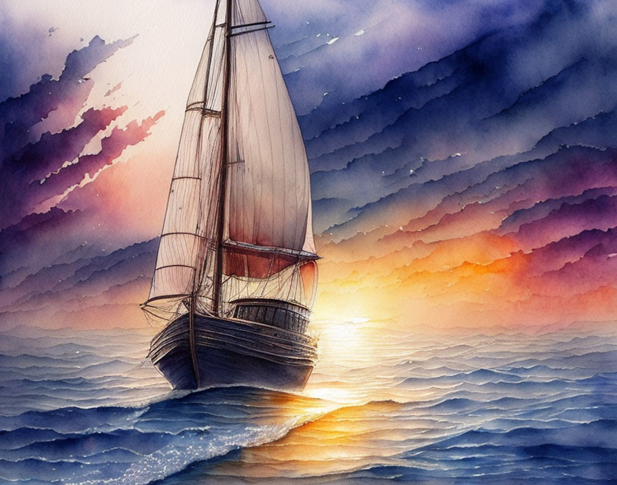 Vibrant sunset sailboat watercolor painting with sea waves reflection