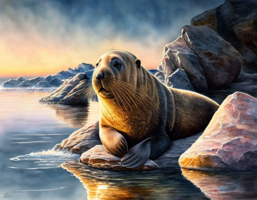 Seal resting on rocky shore under golden sun.