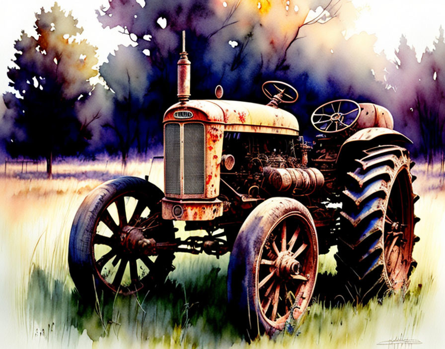 Weathered red vintage tractor in pastoral watercolor illustration