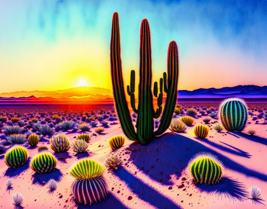 Desert sunset with saguaro and barrel cacti in colorful sky