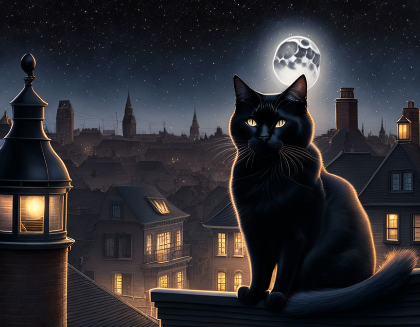 Black cat on roof under full moon in old cityscape