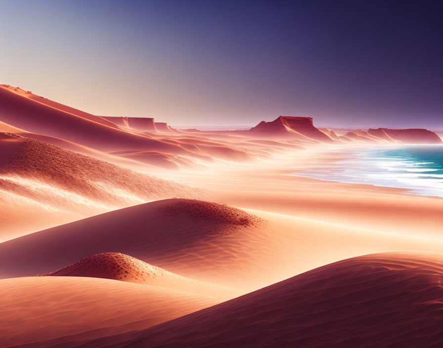 Tranquil desert landscape at dusk with sand dunes and water body