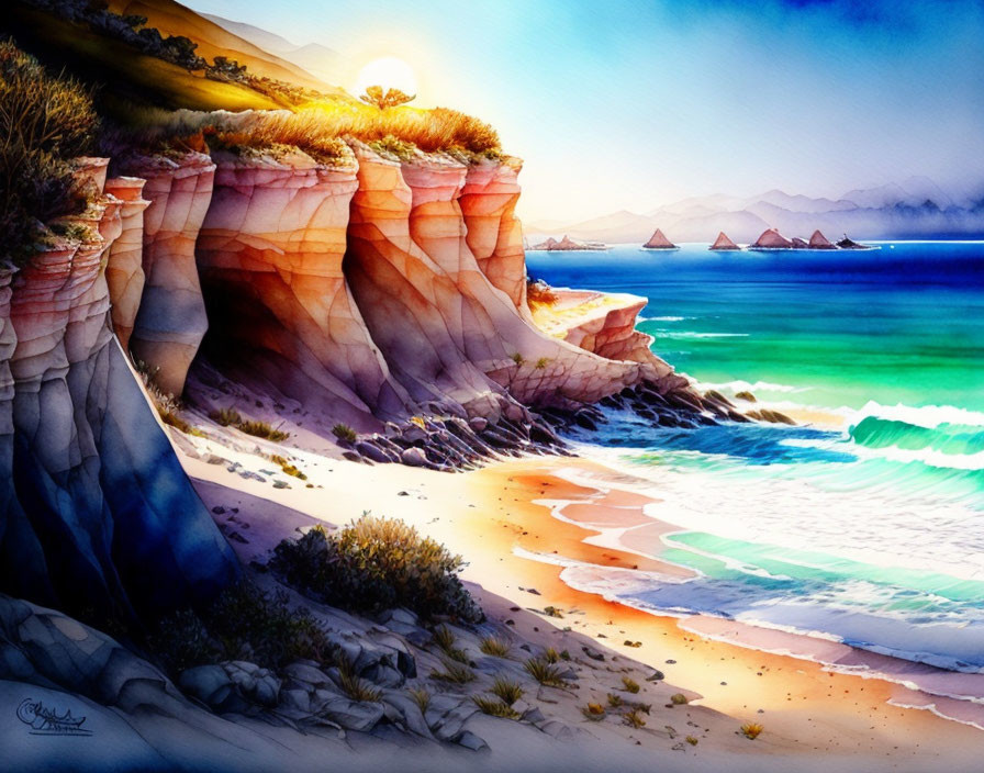 Colorful Cliffs and Clear Blue Waters: Serene Beach Sunset Scene