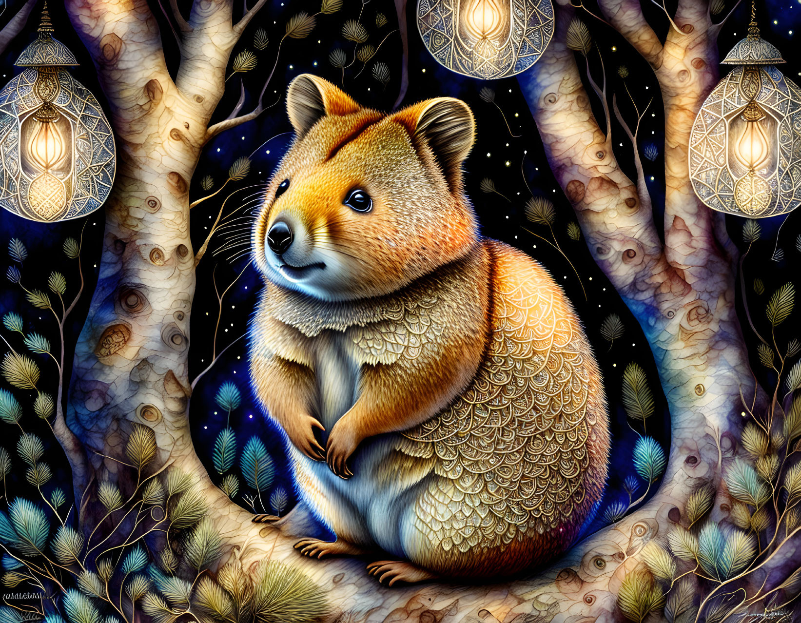 Illustrated quokka in whimsical forest with intricate patterns and lanterns