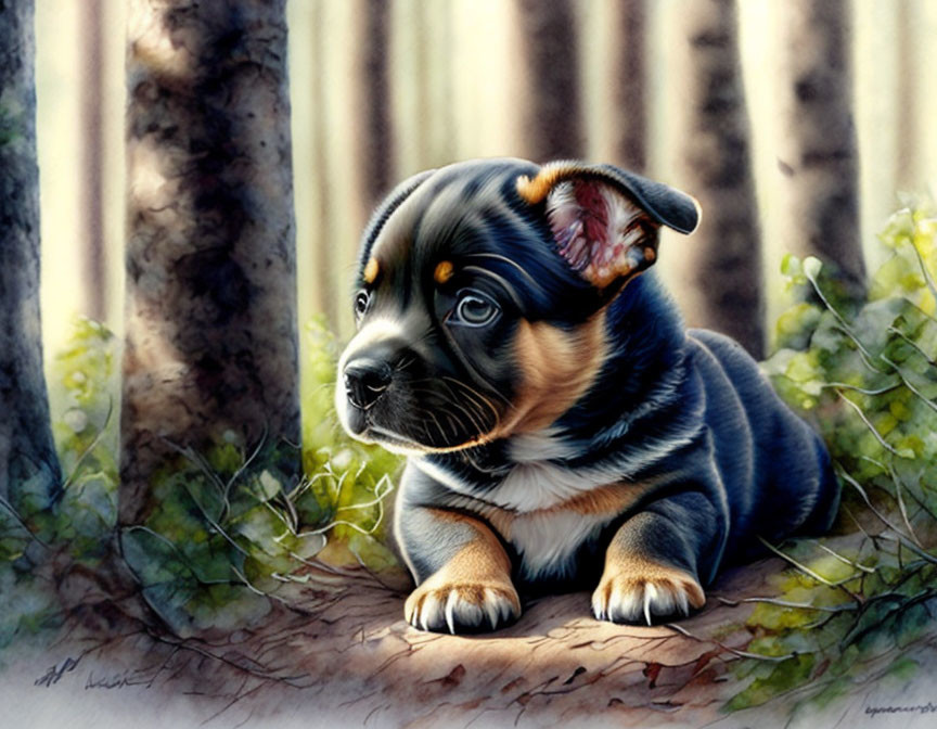 Realistic brindle puppy illustration with floppy ears and soulful eyes in a forest.