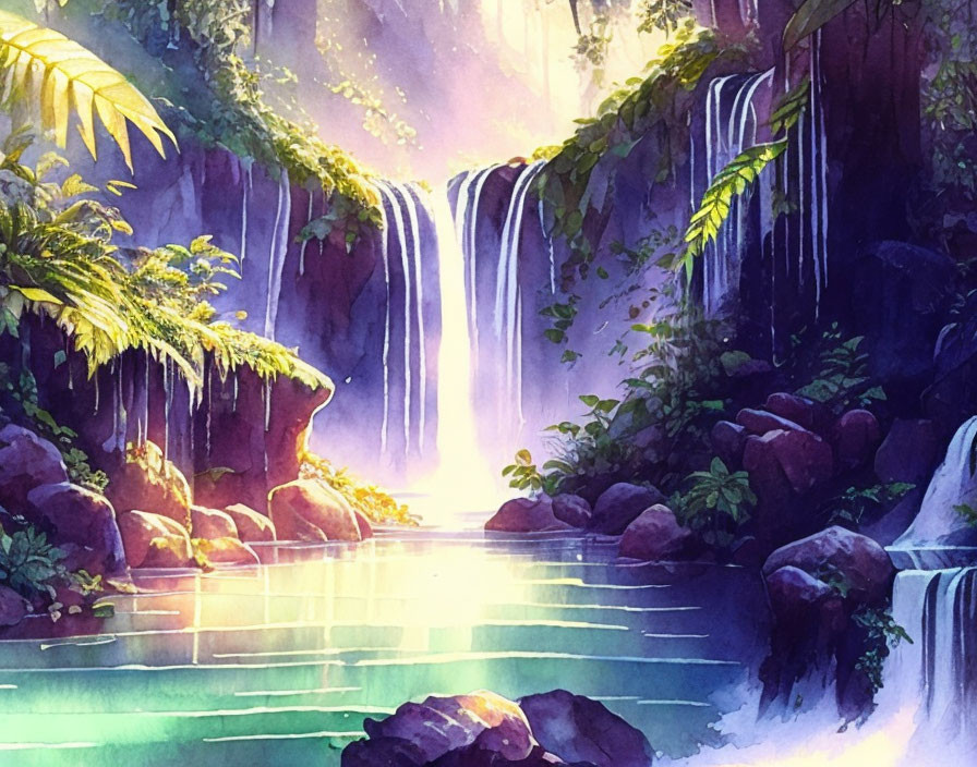 Tranquil waterfall scene with lush vegetation in warm sunlight