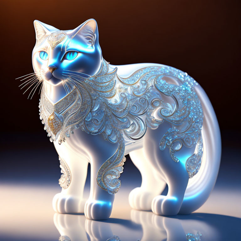 Luminescent porcelain cat with intricate decorations on warm glowing background