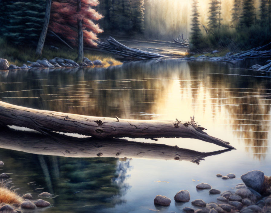 Tranquil forest scene: serene lake, sunlight reflection, trees, fallen log, soft glowing light