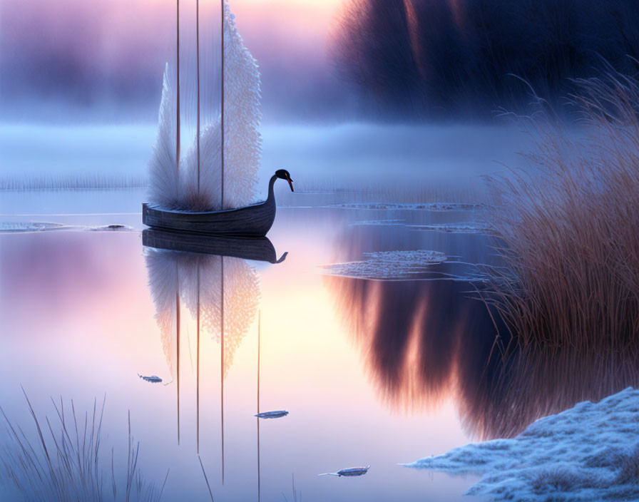 Tranquil dusk scene: wooden boat with white sails on calm lake, blue reflections, reeds