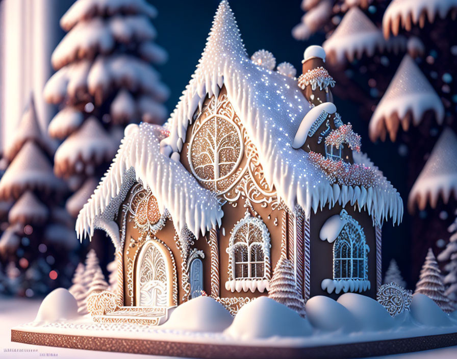 Intricately Designed Gingerbread House in Winter Scene