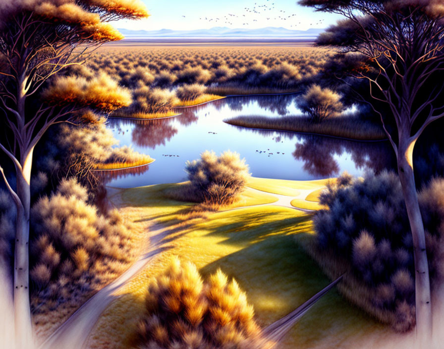 Tranquil desert oasis with trees, pond, and clear skies at dusk or dawn