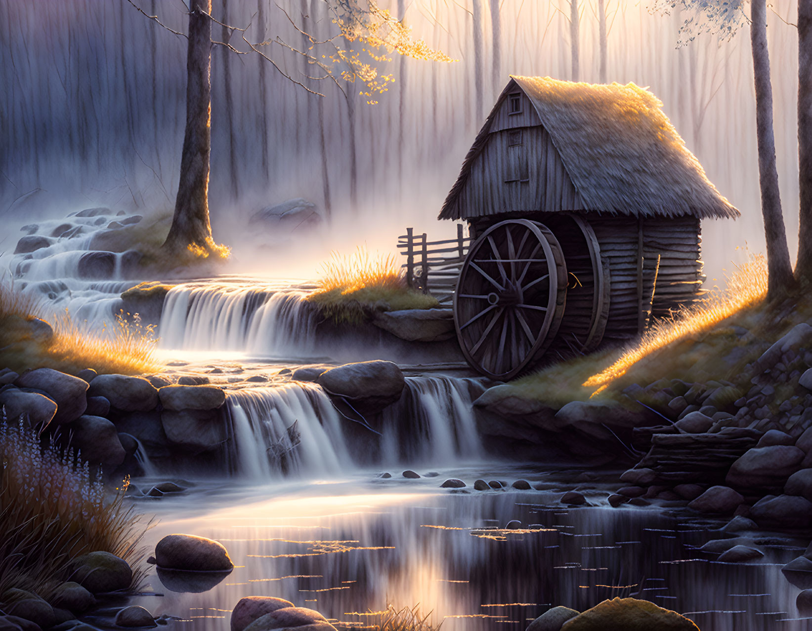 Rustic watermill near cascading stream in misty forest