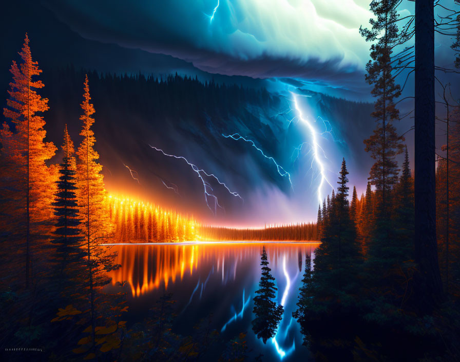 Dramatic thunderstorm over forest reflected in calm lake