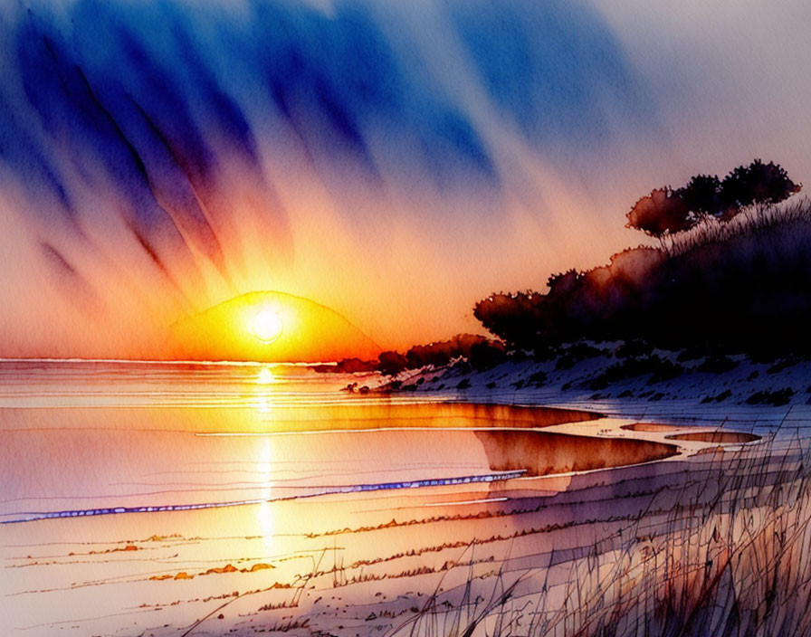 Vibrant sunrise watercolor painting of tranquil beach scene