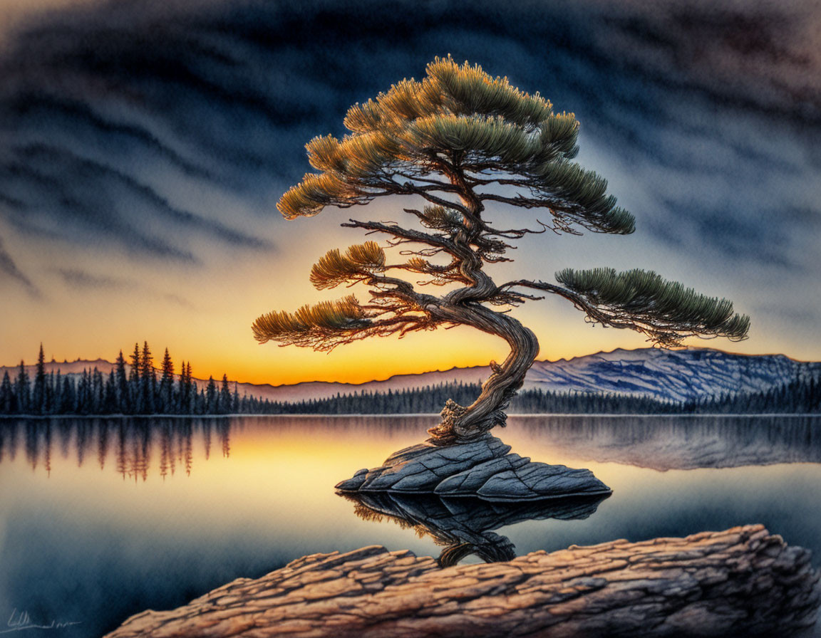 Bonsai tree on rock by calm lake at sunset