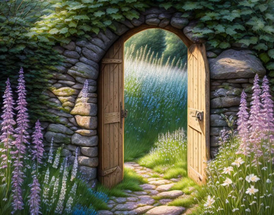 Wooden door in stone wall opens to lush garden with purple flowers