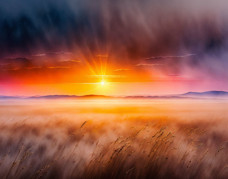 Dramatic sunrise with sunbeams piercing clouds over hills.