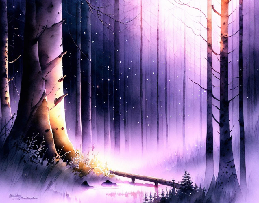 Serene forest watercolor painting with purple hues