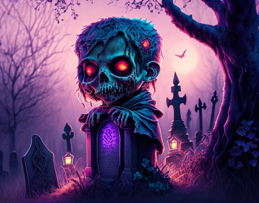 Cartoonish zombie illustration in purple graveyard setting