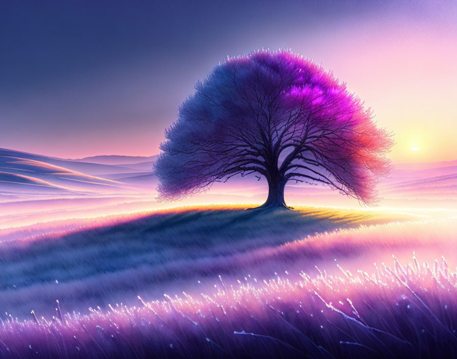 Vibrant purple tree on rolling hill at sunset