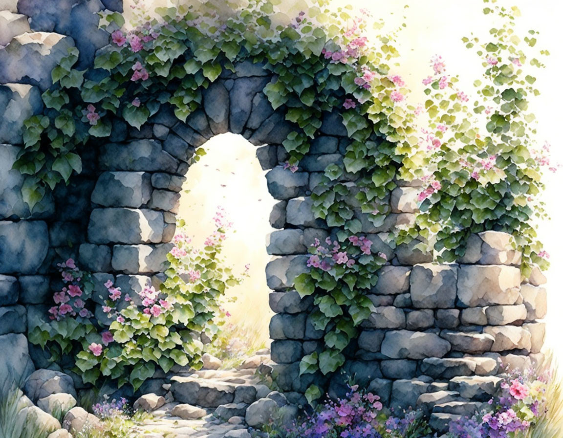 Stone archway adorned with green vines and pink flowers in a sunlit setting