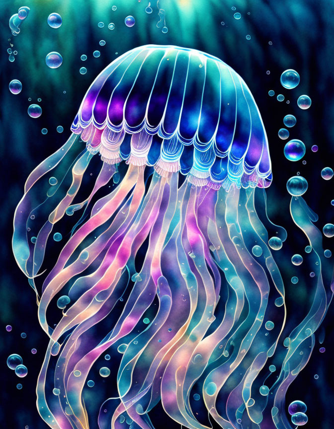 Colorful Jellyfish Illustration with Flowing Tentacles in Blue and Purple