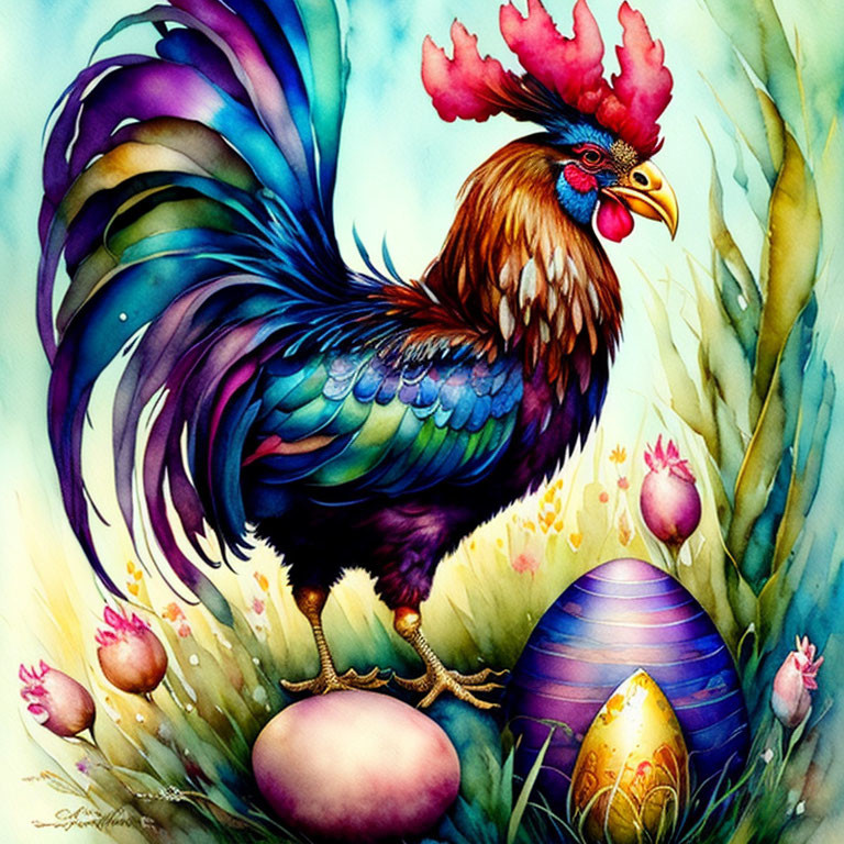 Colorful Rooster Illustration with Easter Theme