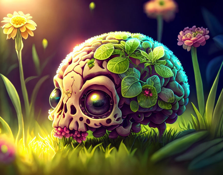 Skull with greenery and flowers in enchanted forest setting