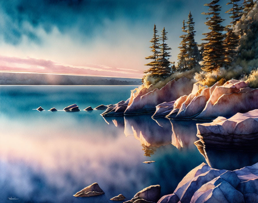 Tranquil watercolor painting of serene lake at dawn or dusk