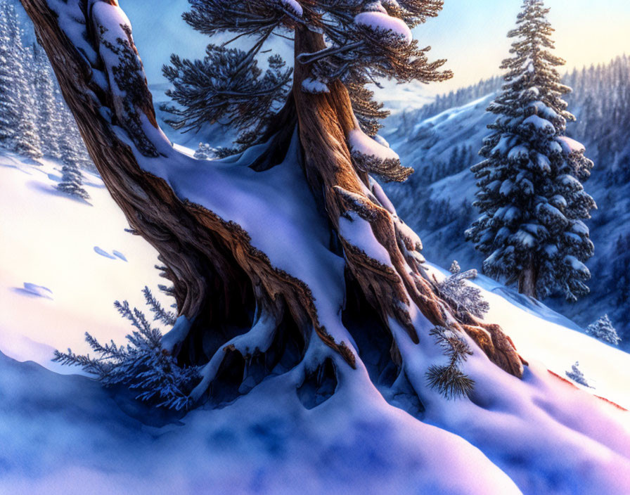 Winter scene: snow-covered trees, exposed roots, wintry forest, blue sky at sunrise or sunset