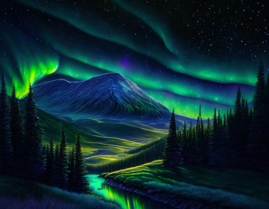 Majestic mountain with forest under vibrant aurora borealis