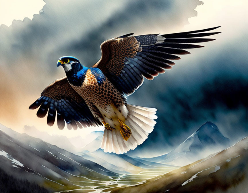 Majestic falcon flying over misty mountain landscape