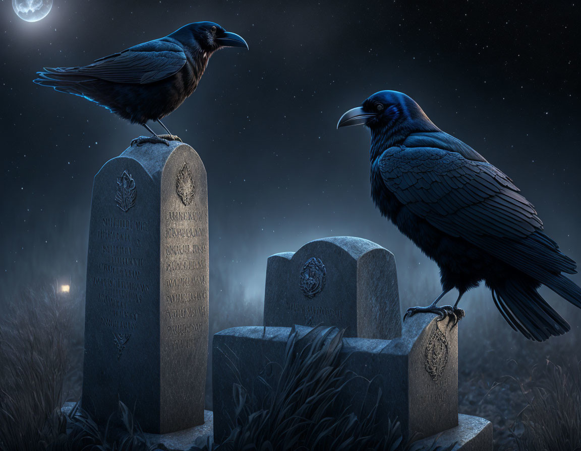 Ravens on Moonlit Gravestones in Starry Night Sky