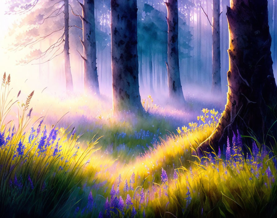 Tranquil forest dawn: sunlight, mist, wildflowers, trees