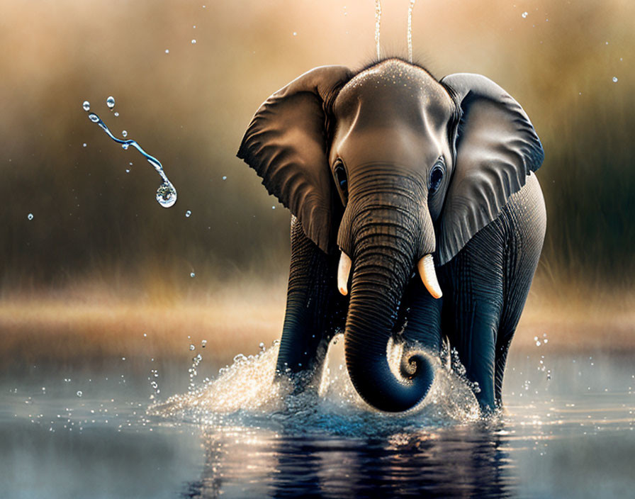 Elephant splashing water under soft light and raindrops