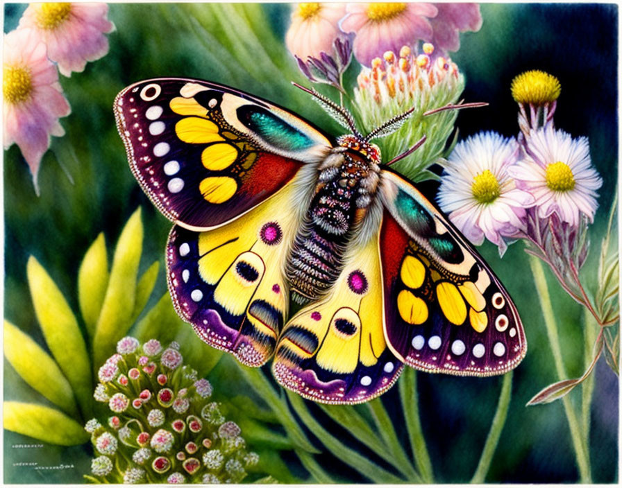 Colorful Butterfly Resting on Flowers in Lush Greenery