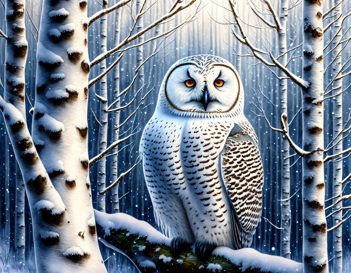 Snowy Owl Perched on Branch in Wintry Forest