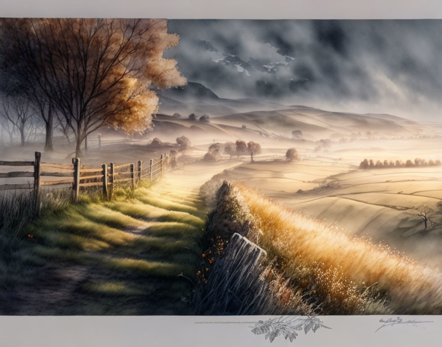 Tranquil landscape with golden pathway, wooden fence, rolling hills, misty fields at dawn/d