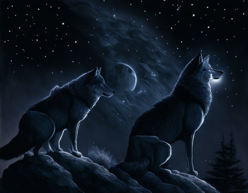 Two wolves on rocky outcrop under starry night sky with full moon.