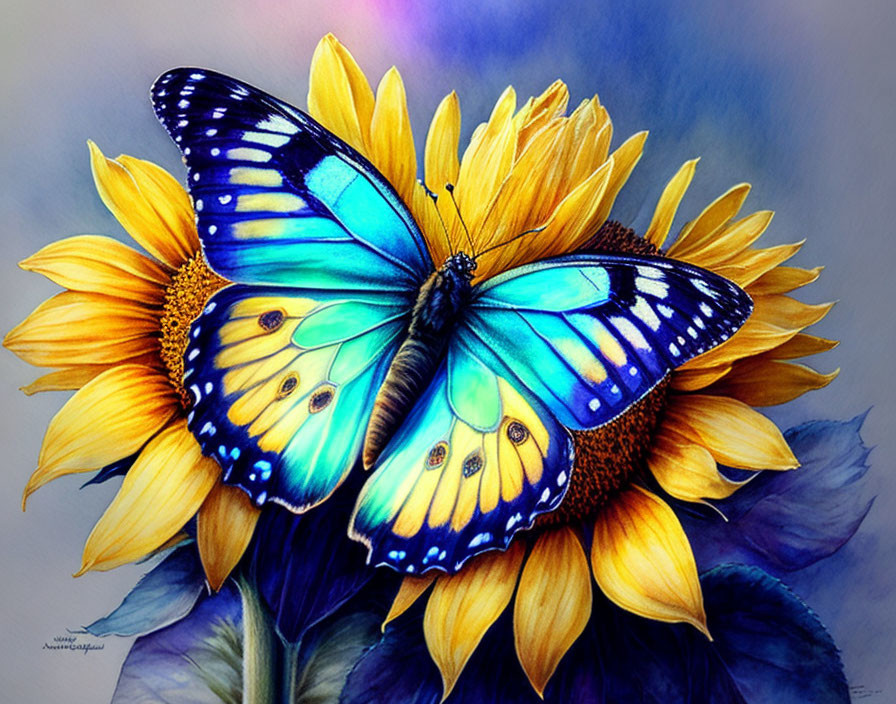 Colorful Butterfly on Sunflower with Blue and Purple Background