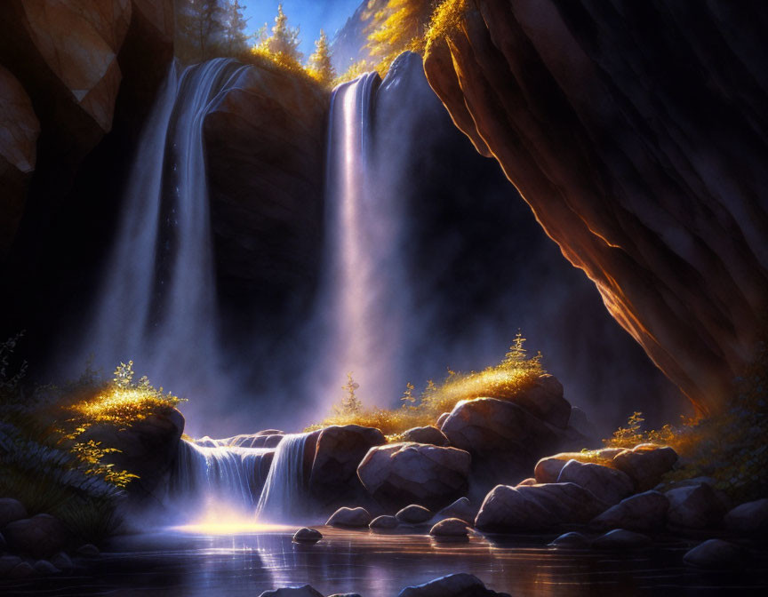 Tranquil waterfall scene with sunlight filtering through mist