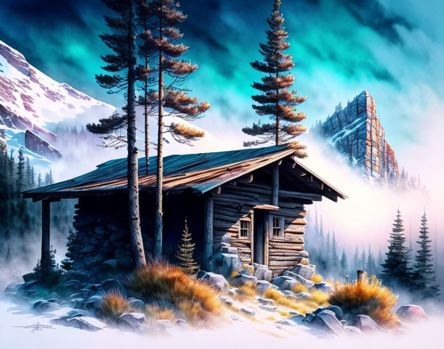 Rustic cabin in pine forest with snow-capped mountains