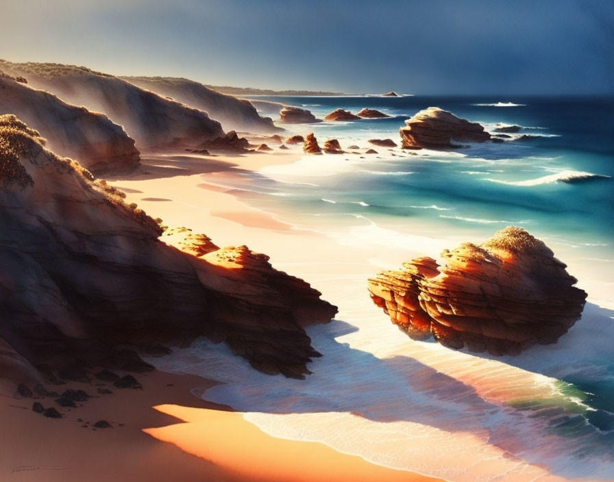 Tranquil coastal sunset: golden light on beach and rocks