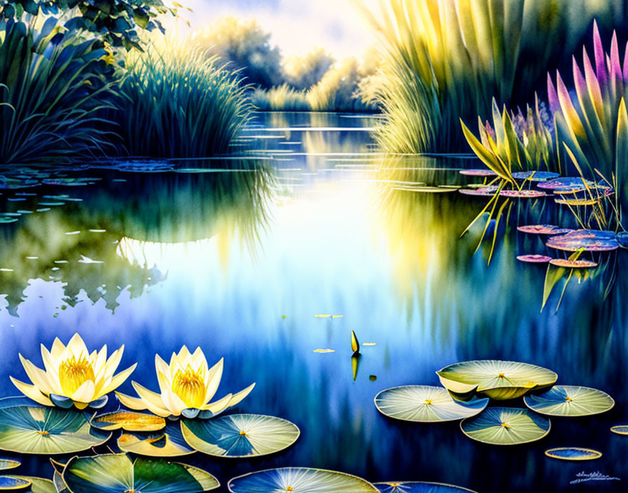 Tranquil pond with lotus flowers and lily pads at twilight