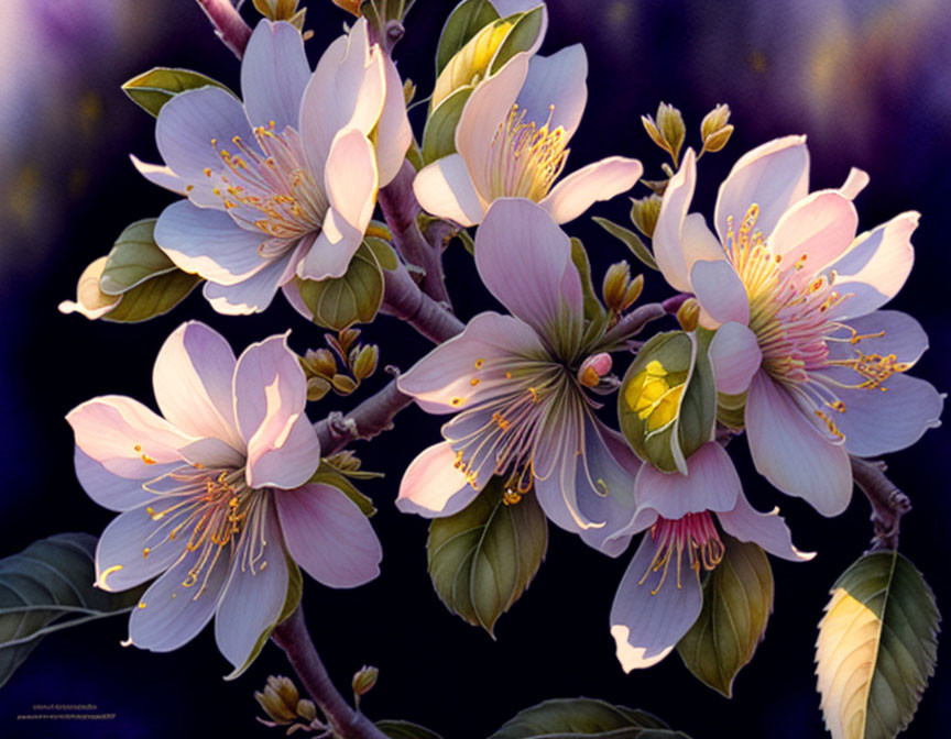 Pale Pink Blossoms with Yellow Stamens on Dark Purple Background