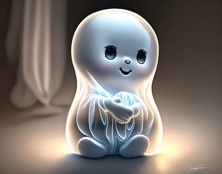 Cartoon ghost with glowing smile holding light